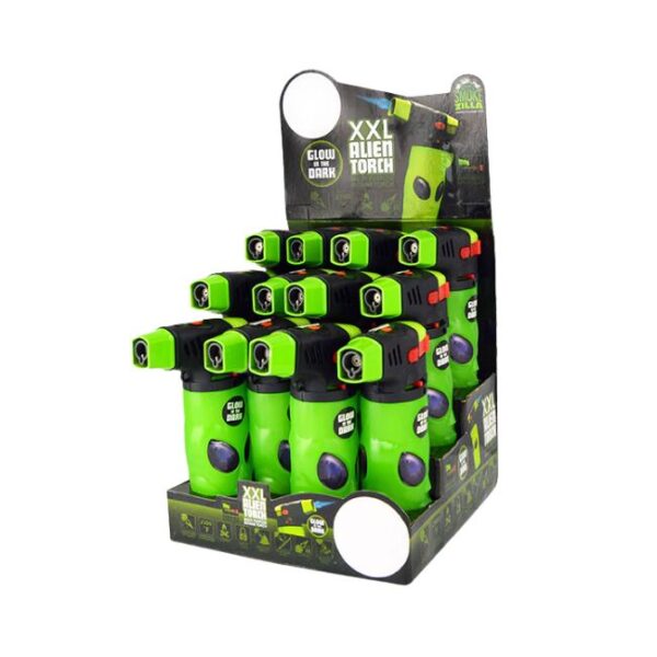 SMOKE ZILLA MOLDED ALIEN XXL GLOW IN THE DARK BUTANE TORCH 12CT DISPLAY