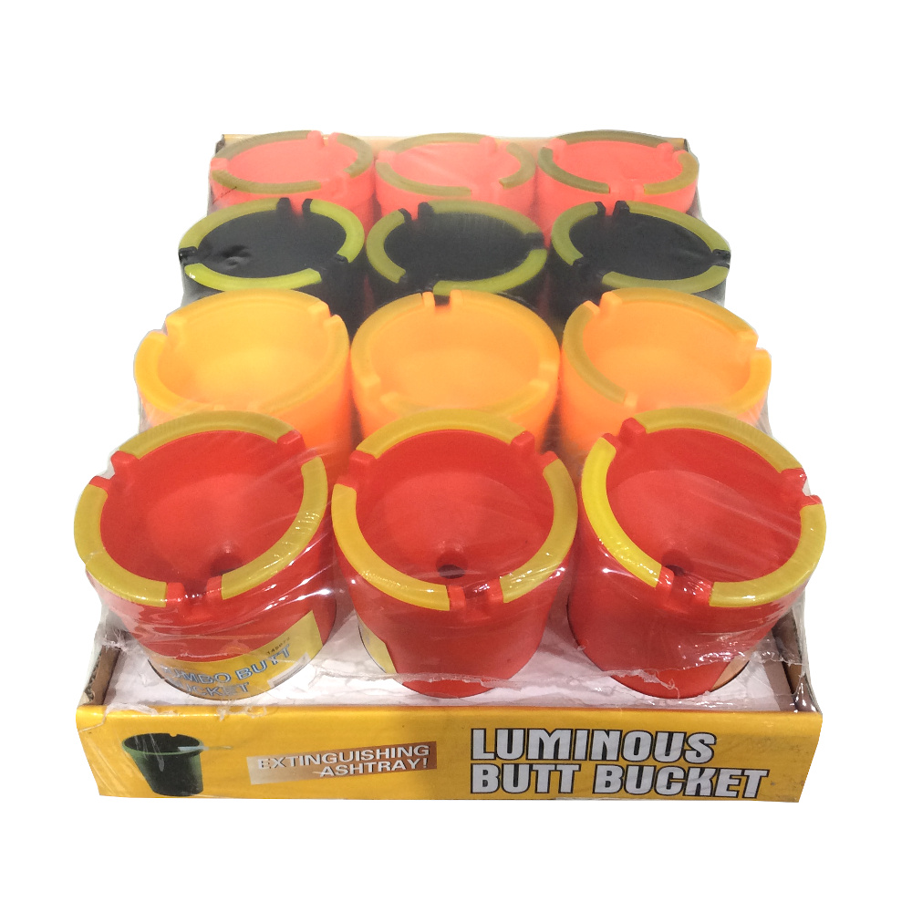 BUTT BUCKET ASSORTED COLORS GLOW IN DARK TOP ASHTRAY (12 CT)
