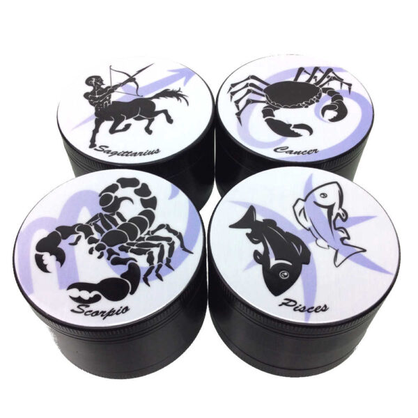 60MM ZINC ASSORTED ASTROLOGICAL SIGNS 4 PART GRINDER